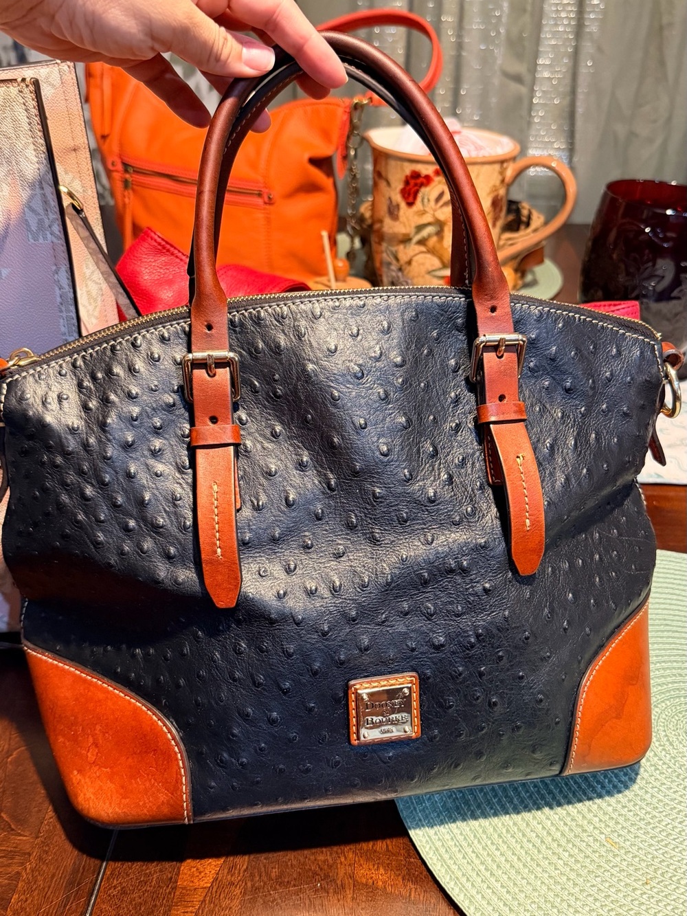 Dooney & Bourke Navy Ostrich Embossed Leather Satchel